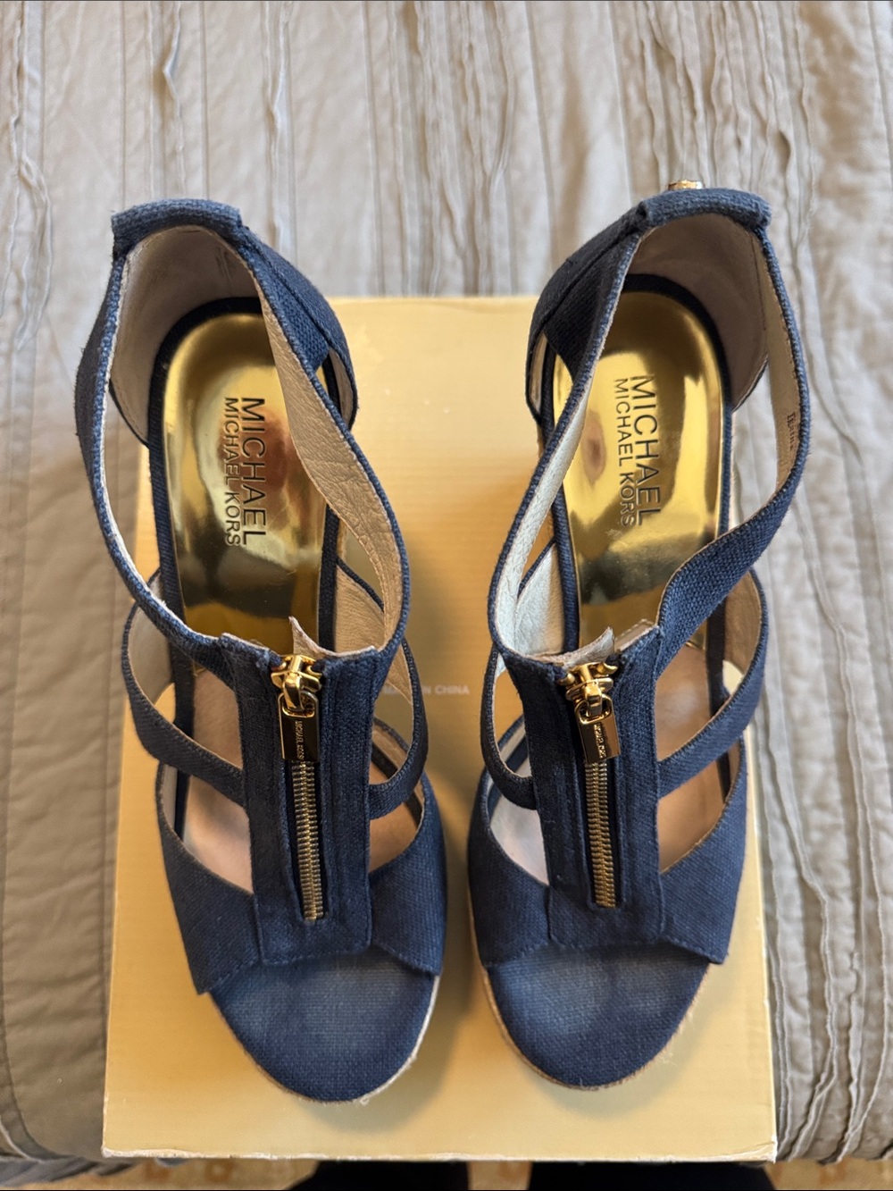 Michael Kors Navy Strappy Wedge Sandals with Gold Zipper